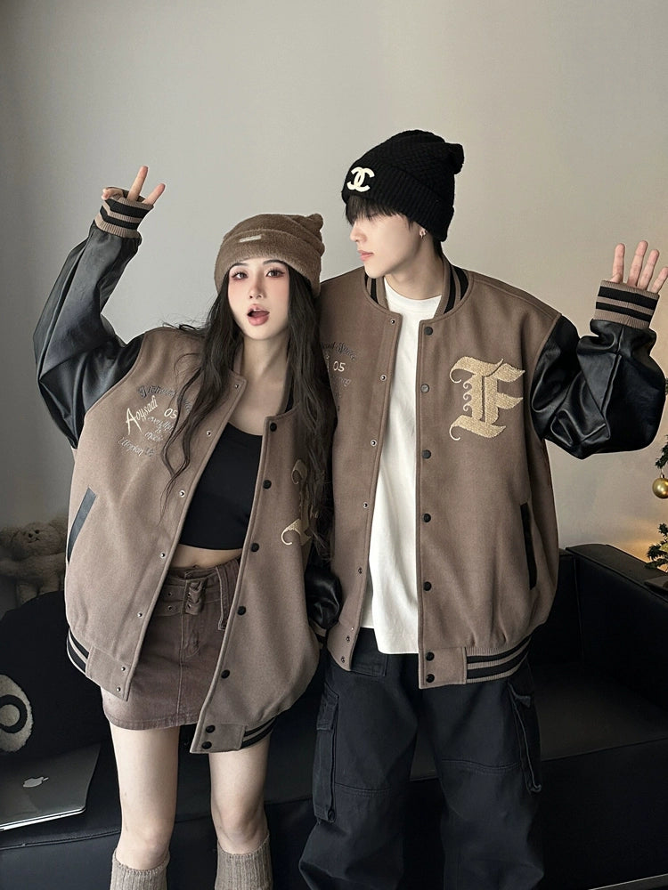 Trendy Couple Wear Spring & Fall Loose PU Leather Baseball Uniform