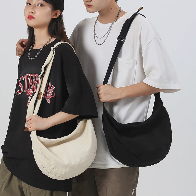 Trendy Ins Canvas Messenger Bag Women's Large Capacity Japanese Style Male Student Backpack Retro Dumpling Bag Casual Shoulder Bag