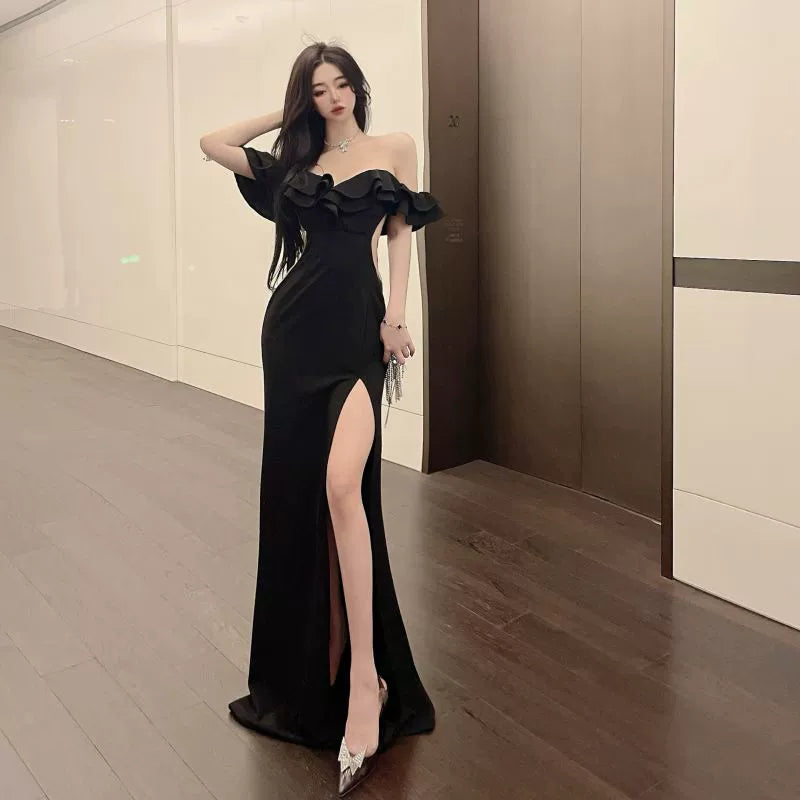 French Style Classy Sexy Open Back off-Shoulder Dress Female Summer Ruffles Temperament Sheath Split Evening Long Dress