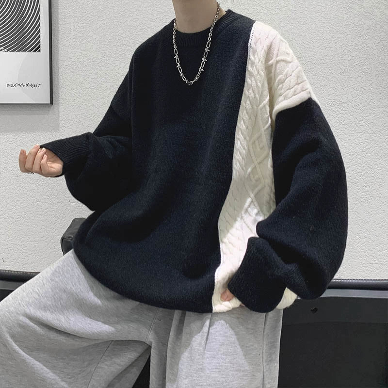 Black and White Color Matching Design Sense Pullover Street Cable-Knit Sweater