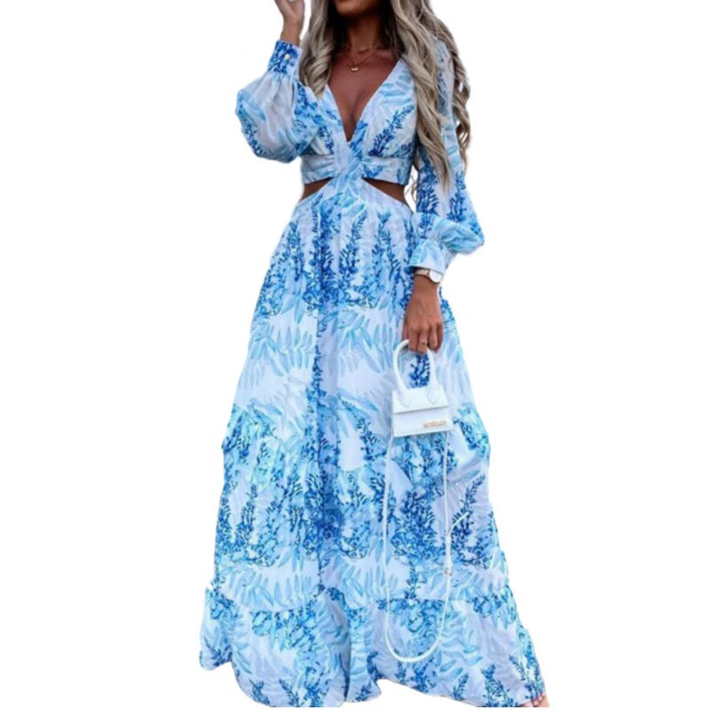 Bohemian Fashion Deep V Neck Print Back Hollow Sexy Sexy Slim-Fit Long-Sleeved Dress Dress Dress Dress