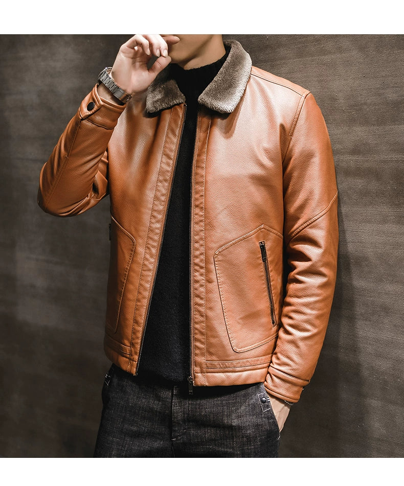 Winter Korean Style Fleece-Lined Thickened Handsome Lambswool Leather Jacket