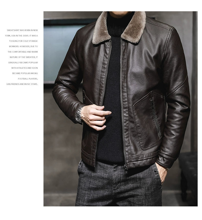 Winter Korean Style Fleece-Lined Thickened Handsome Lambswool Leather Jacket