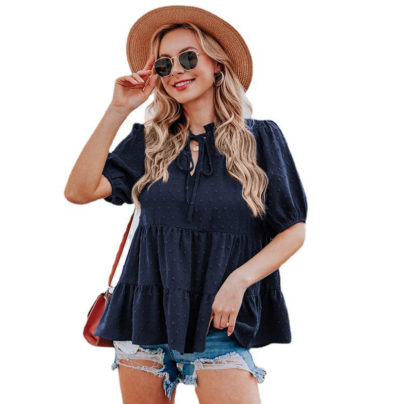 Spring/Summer V-neck Lace Puff Sleeve Loose Top Women's