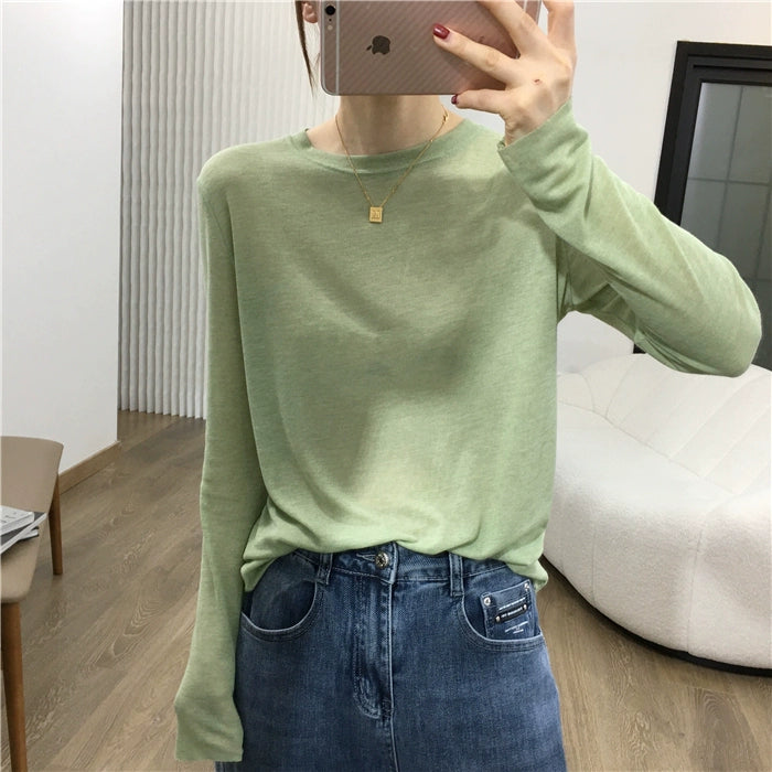 Simple Solid Color Long Sleeve Lightweight T-shirt