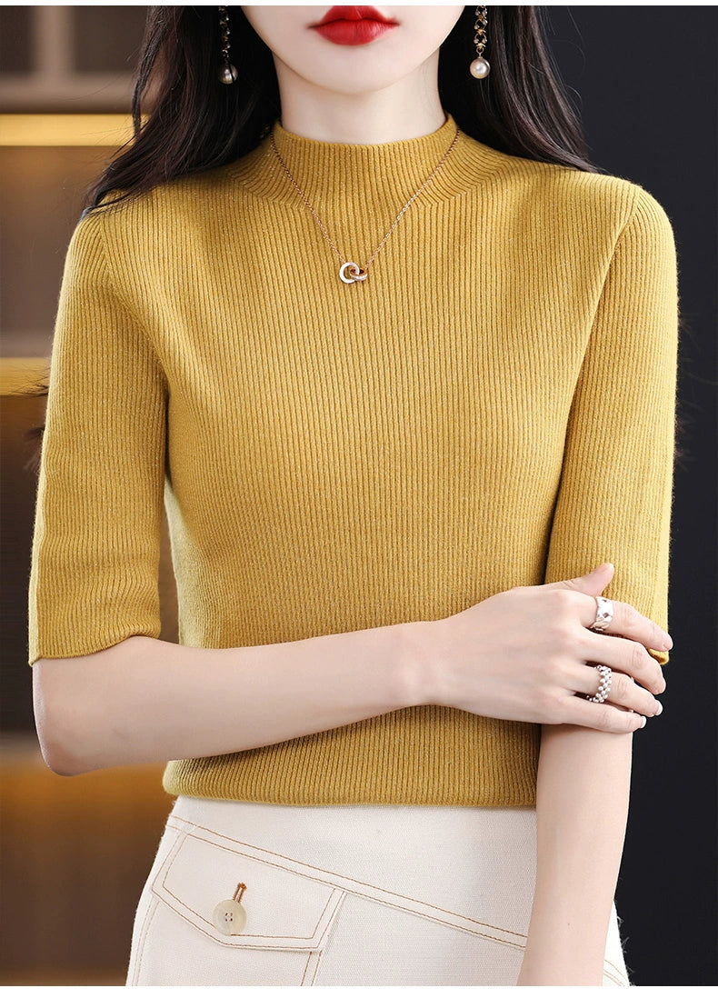 Spring & Fall Half Turtleneck Knitting Short Sleeve Women's Slim-Fit All-Match T-shirt Half Sleeve Shirt 2024 New Arrival Bottoming Shirt Half Sleeve