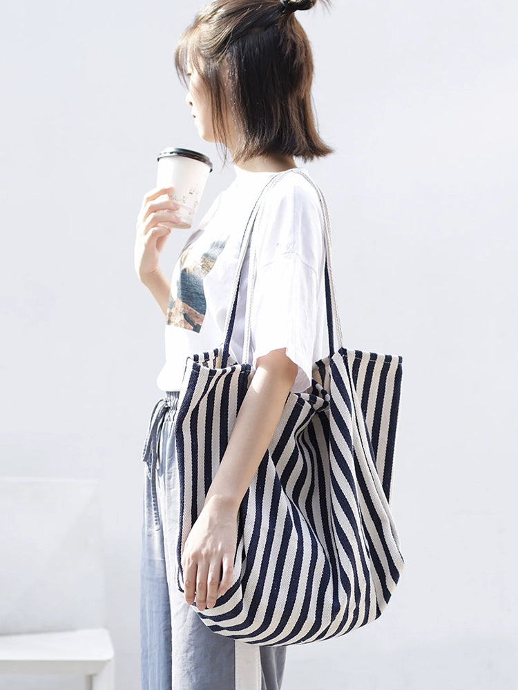 K-style Chic Casual Versatile Contrast Color Striped Tote