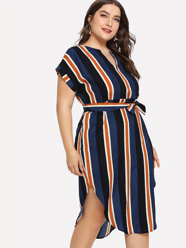 Fashion Plus Size Short-Sleeve One-Piece Dress for Women Fat Sister Belt Stripes Slim Looking V-neck Midi Skirt