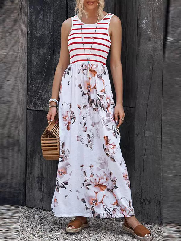 Fashion Stripes Sleeveless Dress Women's 2024 Summer New Arrival Floral A- line Skirt Loose Slimming and All-Matching Long Skirt Women