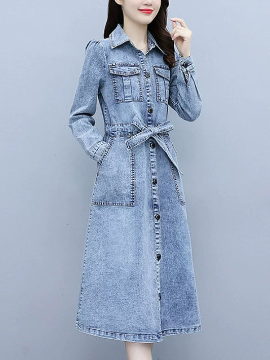 Anti-Aging Fashion Early Autumn High-End Temperament Denim Midi Dress