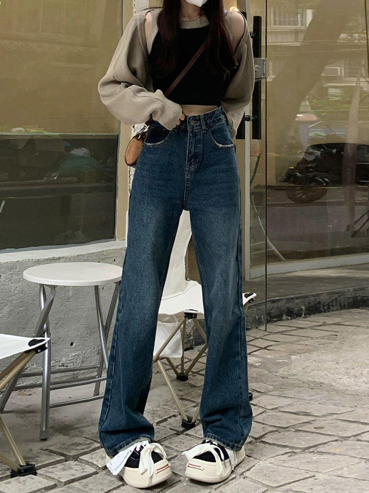 Dark Blue High Waist Straight-leg Denim Female Loose Slim Looking Narrow Version Wide Leg Mop Pants