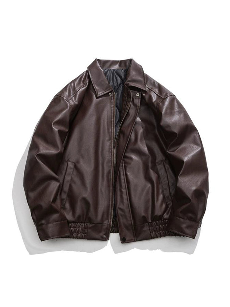 Retro Brown Cotton-Padded Coat for Men and Women Jacket Outwear Leather Coat