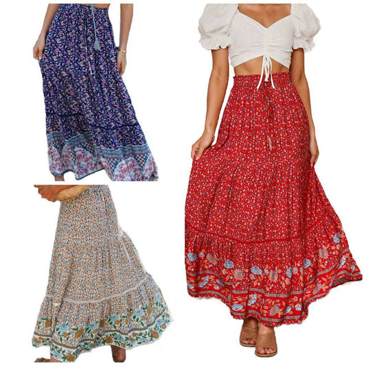 New Cross-Border Hot Cut Out Lace Patchwork Positioning Print Oversized Swing Skirt Beach Seaside Holiday Maxi Dress