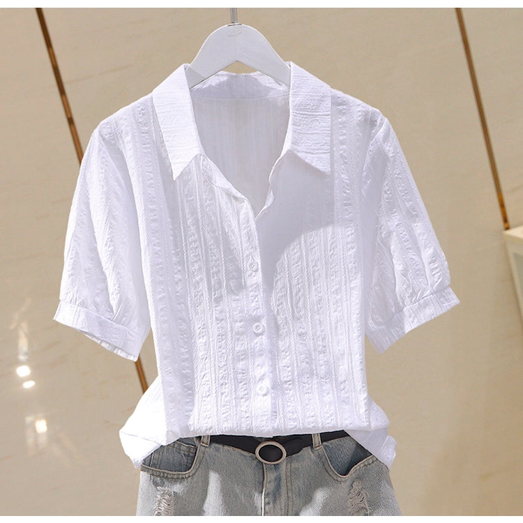 Professional Korean Style Fashion White Short-Sleeved Cotton Shirt