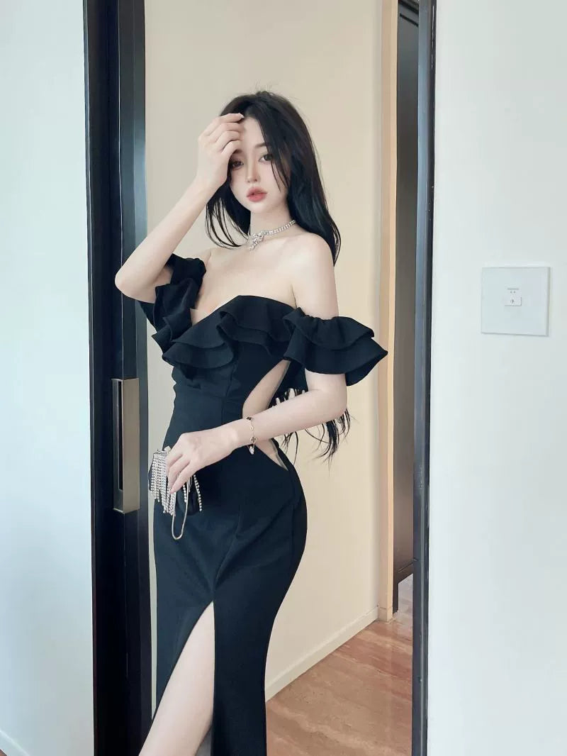 French Style Classy Sexy Open Back off-Shoulder Dress Female Summer Ruffles Temperament Sheath Split Evening Long Dress