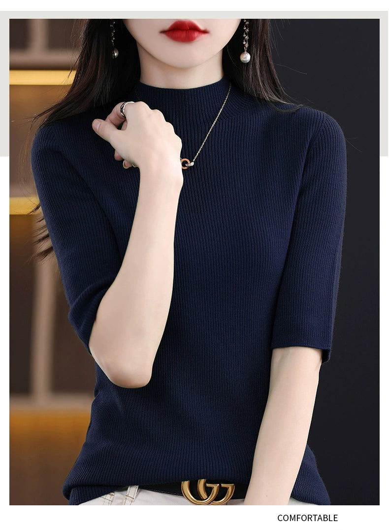 Spring & Fall Half Turtleneck Knitting Short Sleeve Women's Slim-Fit All-Match T-shirt Half Sleeve Shirt 2024 New Arrival Bottoming Shirt Half Sleeve