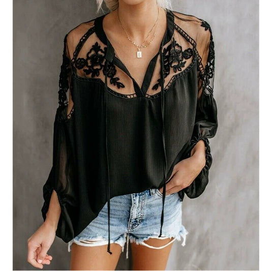 Summer Solid Color V-Neck Mesh Panel Shirt Mesh Stitching Shirt