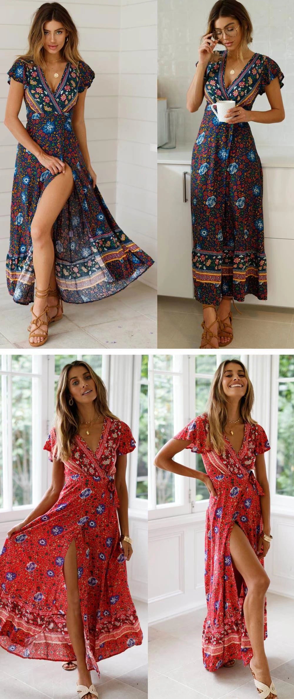 Short Sleeve Dress New Summer New Vacation V Neck Cardigan Strap Dress Print Beach Dress Long Skirt