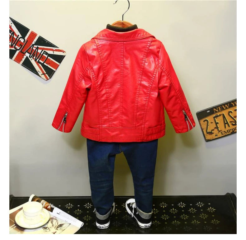 Spring and Autumn Korean Style PU Leather Lapel Fashion Baby Children's Clothing