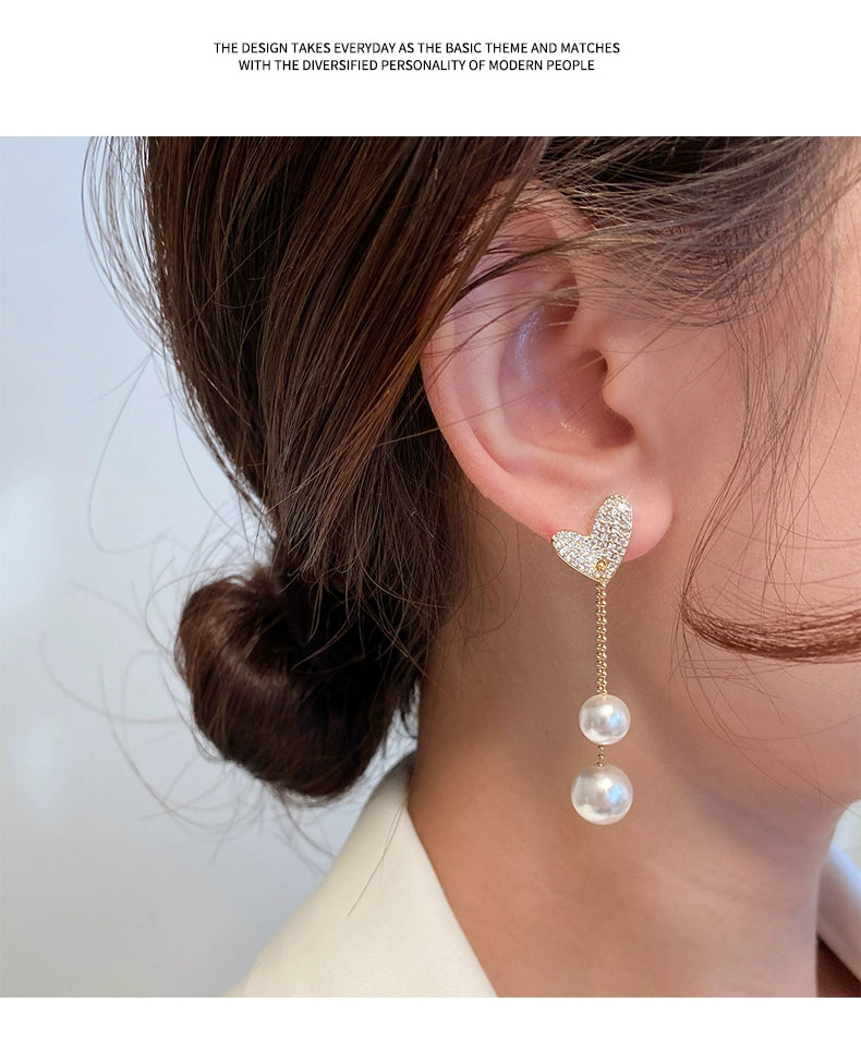 Light Extravagant Love Heart Niche Design Pearl Tassel Earrings