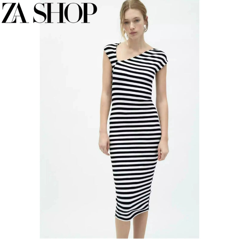 Za New Sexy Asymmetric Shoulder Sleeveless Vest T-shirt Skirt Skinny Sheath Midi Skirt Dress 5584179