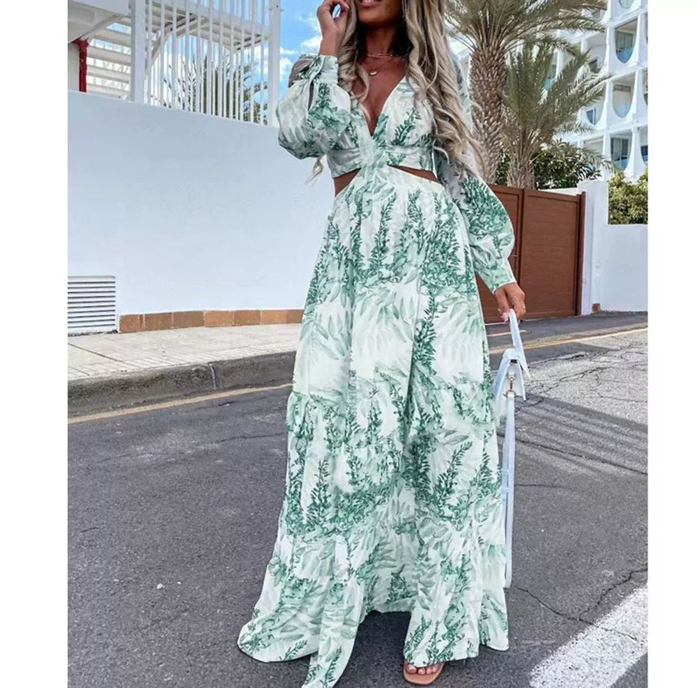 Bohemian Fashion Deep V Neck Print Back Hollow Sexy Sexy Slim-Fit Long-Sleeved Dress Dress Dress Dress