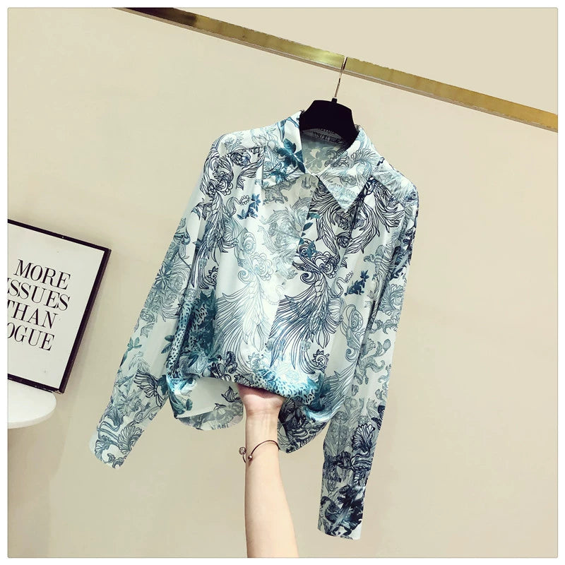 Fashion Floral Print Long Sleeve Loose Satin Silk Shirt