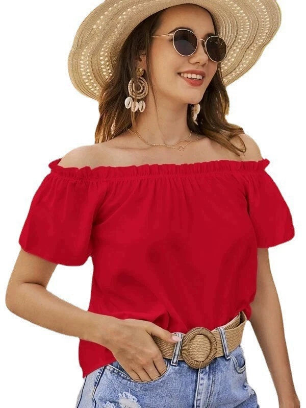 Off-the-Shoulder Ruffles Solid Color Top Shirt