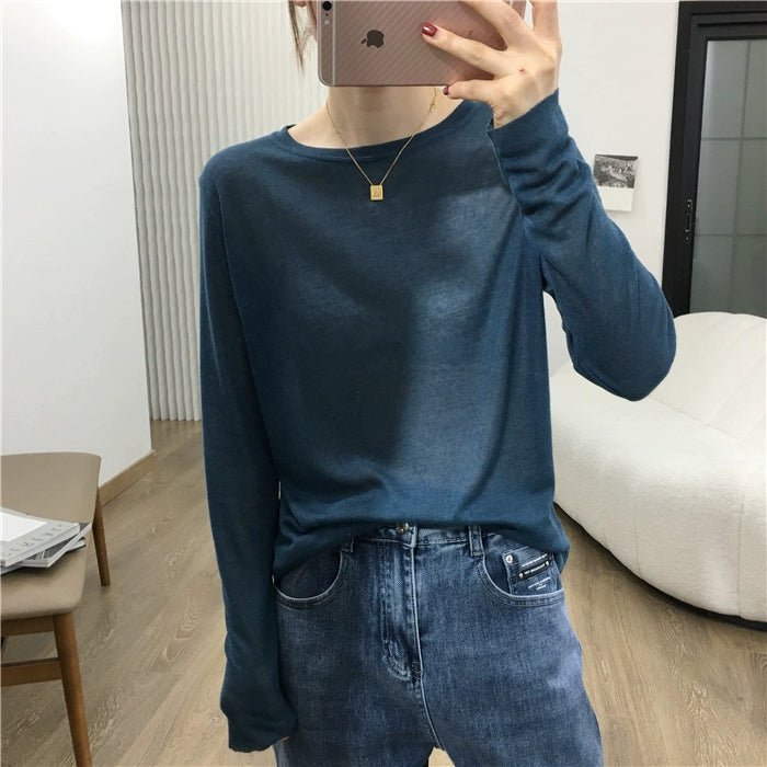 Simple Solid Color Long Sleeve Lightweight T-shirt