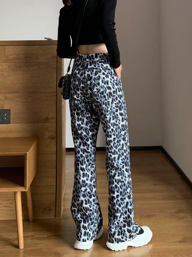 Women's High-End Leopard Print Trumpet Pants - High Waist, Casual, Slimming Drape, Retro Spring 2024 Mopping Pants