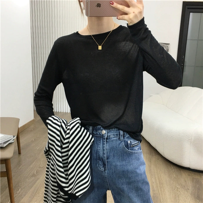 Simple Solid Color Long Sleeve Lightweight T-shirt