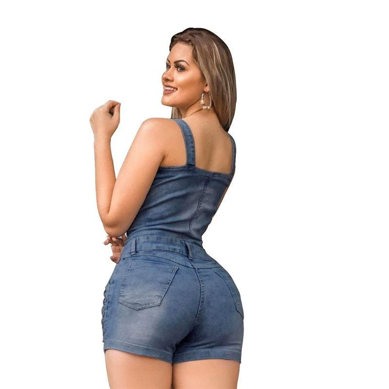 Plus Size Elegance Cotton Jeans Woman Ladies Short Romper