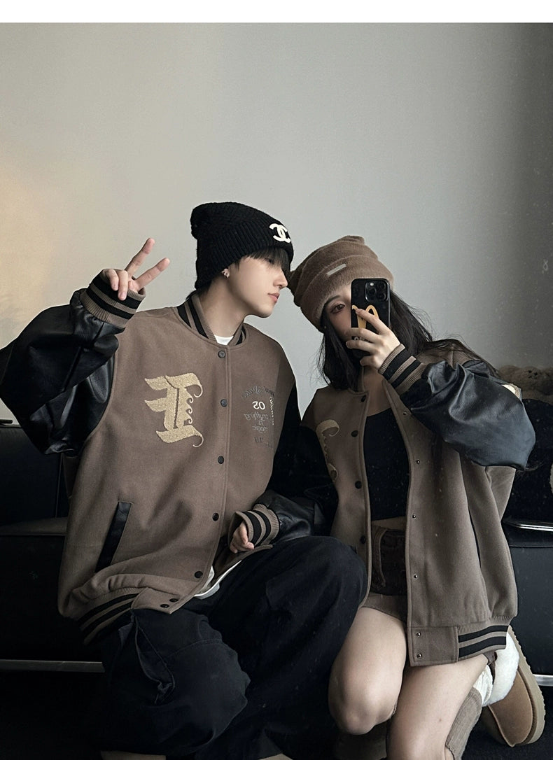 Trendy Couple Wear Spring & Fall Loose PU Leather Baseball Uniform