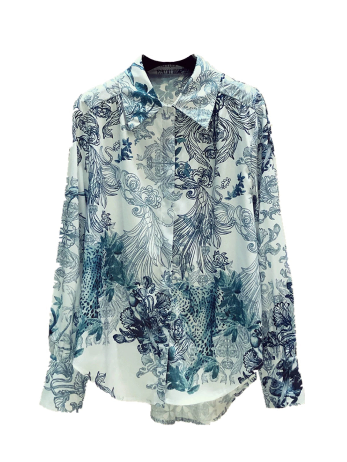 Fashion Floral Print Long Sleeve Loose Satin Silk Shirt