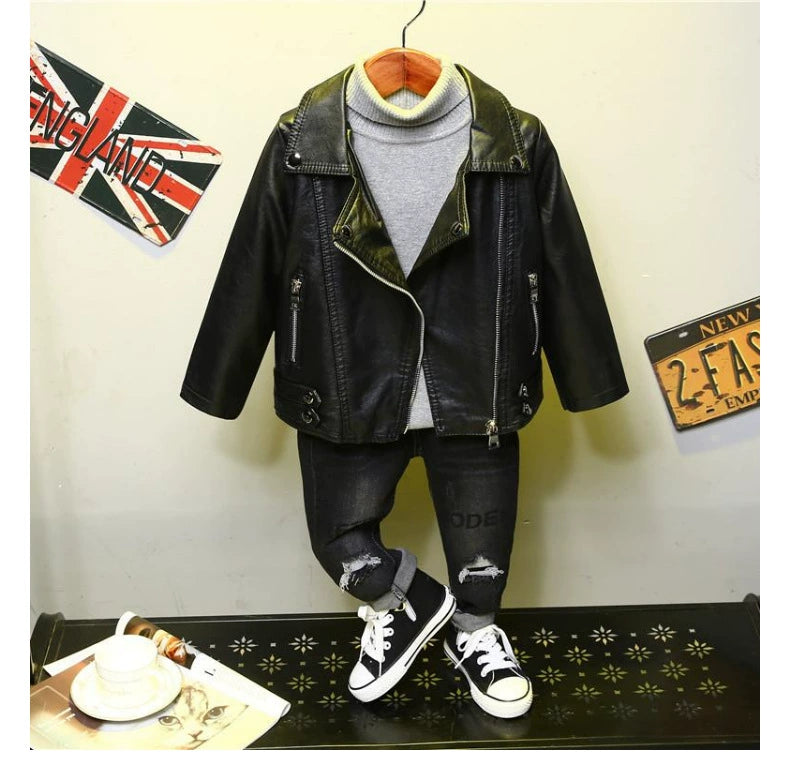 Spring and Autumn Korean Style PU Leather Lapel Fashion Baby Children's Clothing