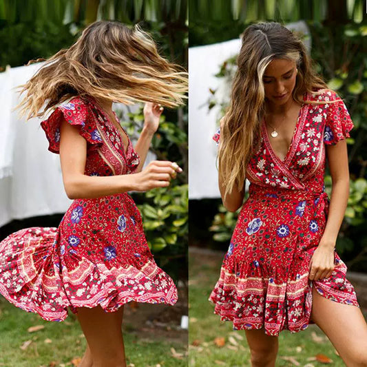 Summer Fashion Thailand Southeast Asia Vacation Style Retro Floral Skirt Strap Sexy Deep V Short Sleeve Dress