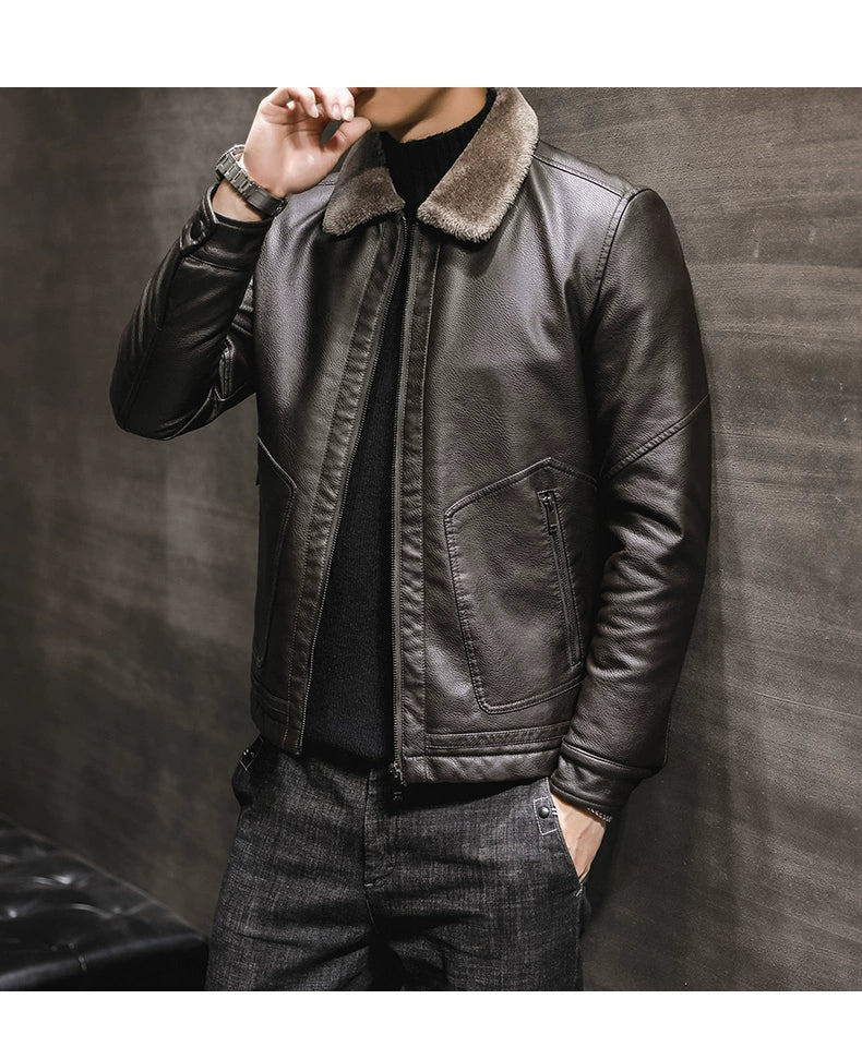 Winter Korean Style Fleece-Lined Thickened Handsome Lambswool Leather Jacket