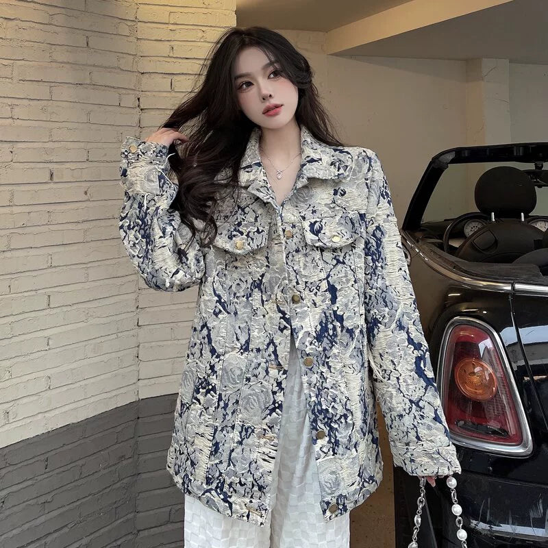 Denim Coat Women's New Spring and Autumn Fashion Print Jacket Cardigan Stylish Niche Loose Elegant Top