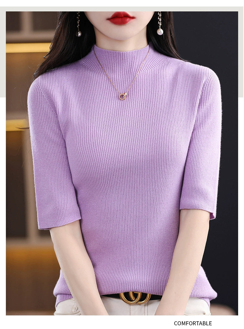 Spring & Fall Half Turtleneck Knitting Short Sleeve Women's Slim-Fit All-Match T-shirt Half Sleeve Shirt 2024 New Arrival Bottoming Shirt Half Sleeve