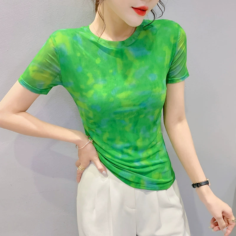 Women's European Station Printed Mesh Top T-shirt with Short Sleeves