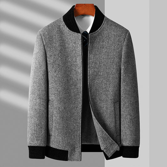 Autumn and Winter Herringbone Pattern Woolen Coat Baseball Collar Wool