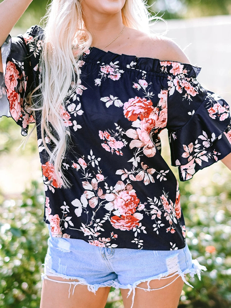 Fashion off-Shoulder Casual Short Sleeve Shirt Florals Print