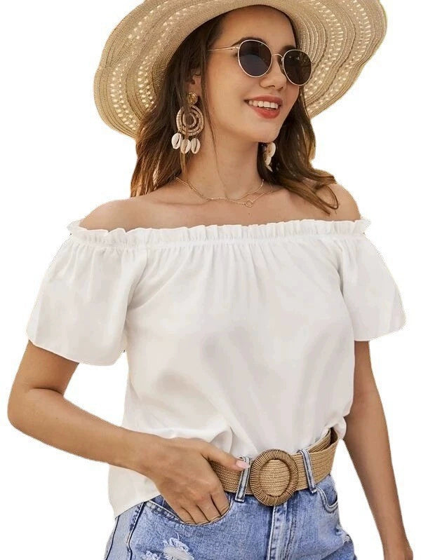 Off-the-Shoulder Ruffles Solid Color Top Shirt