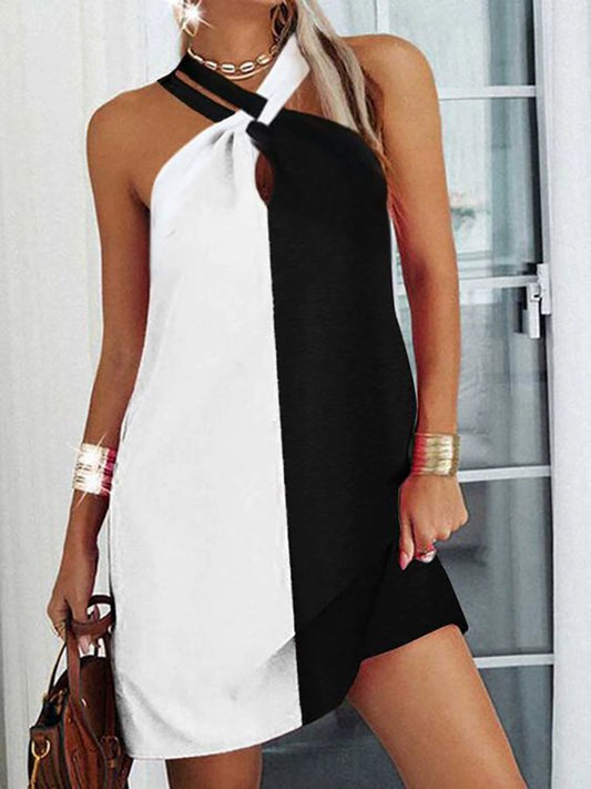 Printed Sleeveless Casual Colorblock Halter A- Line Dress