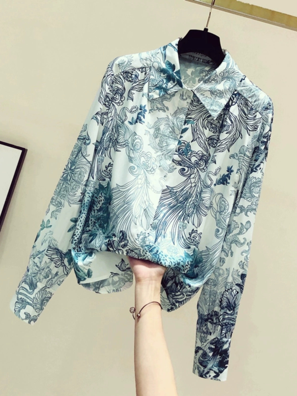 Fashion Floral Print Long Sleeve Loose Satin Silk Shirt