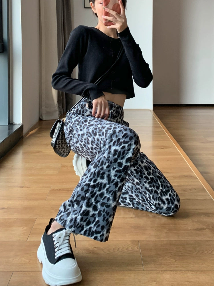 Women's High-End Leopard Print Trumpet Pants - High Waist, Casual, Slimming Drape, Retro Spring 2024 Mopping Pants