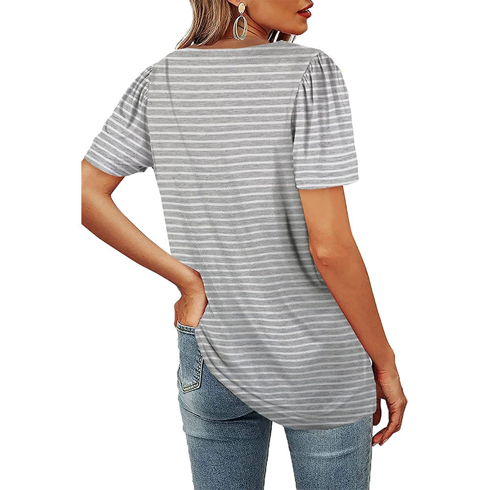 Women's New Smocked Striped Square Neck Short Sleeve T-shirt