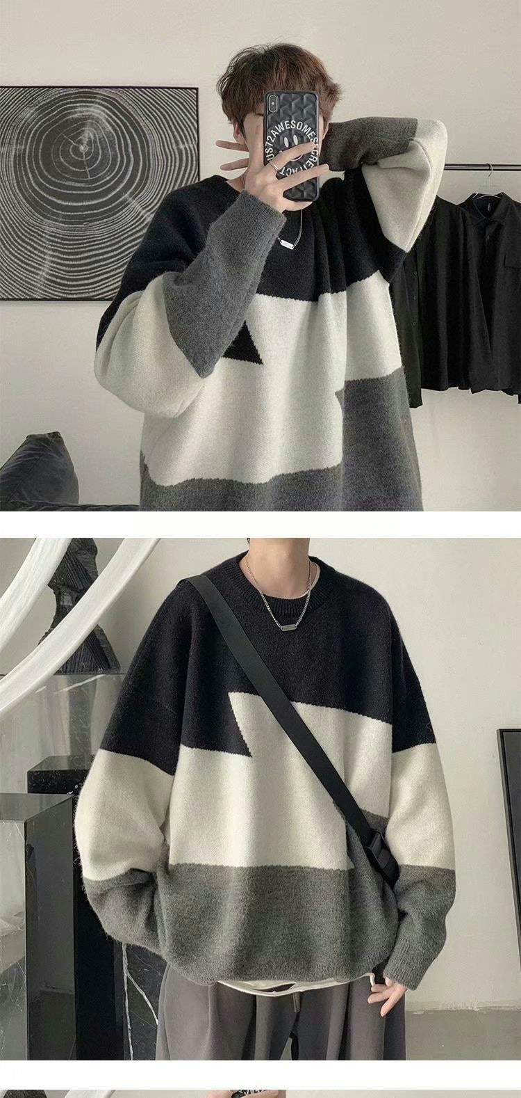 Hong Kong Style Color Stitching Thickened Keep Warm Inner Match Loose-Fit Sweater