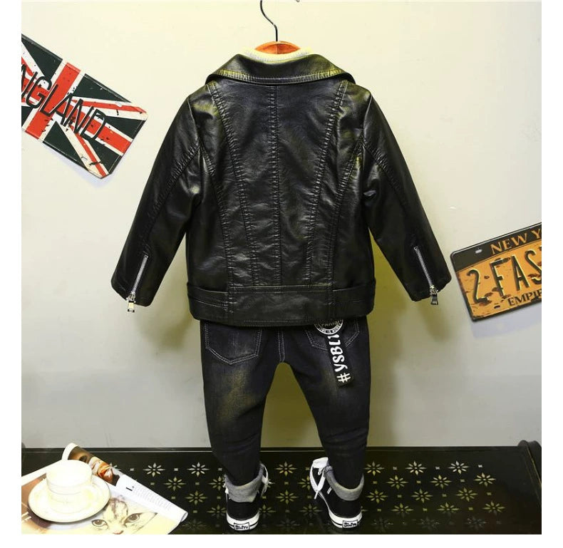 Spring and Autumn Korean Style PU Leather Lapel Fashion Baby Children's Clothing