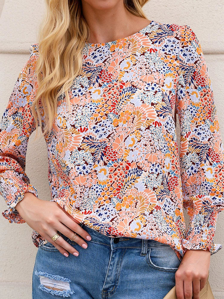 Spring Autumn Ethnic Style Floral Long Sleeves Thin Chiffon Shirt Women's Fashion Bohemia Print Pullover Shirt